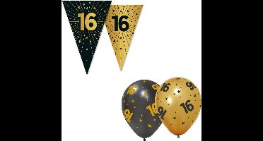 Feestpakket 16 jaar Zwart / Goud – Vlaggenlijn 10 meter + 6 Ballonnen – Golden Celebrations - Versiering Slinger Feestdecoratie Decoratie Verjaardag Jubileum Ballon Feest