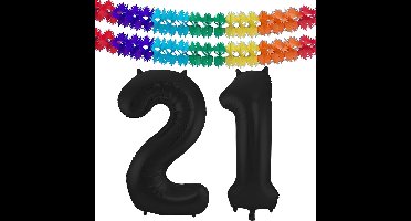 Folat folie ballonnen - Leeftijd cijfer 21 - zwart - 86 cm - en 2x feestslingers gekleurd 600 cm - versiering - feestartikelen