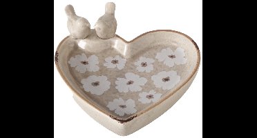 Vogelbadje van beige keramiek in hartvorm met bloemen type B