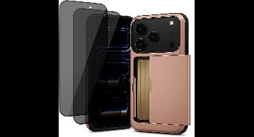 Hoesje met Pasjeshouder geschikt voor iPhone 17 Pro - 2x Privacy Screen Protector FullGuard - Back Cover SlideCase Roségoud & Screenprotector