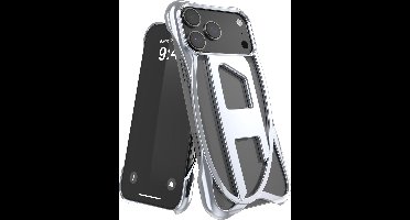 Diesel Frame Telefoonhoesje iPhone 17 Pro Max – Zilver – Half-open – Valbescherming tot 2 Meter – Draadloos Opladen - GEEN MAGSAFE – Shockproof – Backcover – Origineel Diesel Accessoire met D-Logo