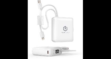 PowerLocus Powerbank 10000mAh - Ingebouwde oplaadkabels - 1x 8-Pin & 2x USB-C Power Delivery - 20W Snelladen - Universeel voor Smartphones, Tablets & Gadgets/meer – LED Display - Wit