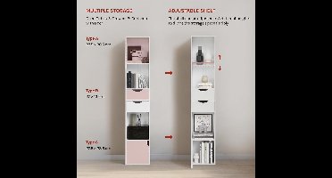 Moderne Staande Boekenkast met Laden en Deur – Witte Opbergkast met 3 Open Planken, 2 Lades en Kastdeur – Hoog 158 cm – Multifunctionele Kast voor Woonkamer, Slaapkamer of Kantoor – Duurzaam Hout