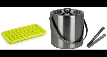 Excellent Houseware RVS ijsemmer - met tang - 15x18 cm - en 2x cocktails ijsblokjes trays
