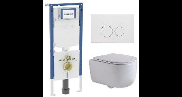 QeramiQ Dely Swirl Toiletset - 36.3x51.7cm - diepspoel - rimless - Geberit UP720 Duofix Sigma inbouwreservoir - slim zitting - mat witte metalen bedieningsplaat - ronde knoppen - wit mat