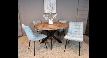 Meubelplaats Combideal Lucille: ronde eettafel Mangohout 120 cm met 4 Lucille eetkamerstoelen - Stof perfect harmony - Lichtblauw - Eethoek - eetkamerset - eettafel met stoelen