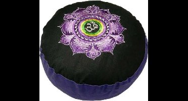 Meditatiekussen zwart/violet lotus & OHM geborduurd (33x17 cm)
