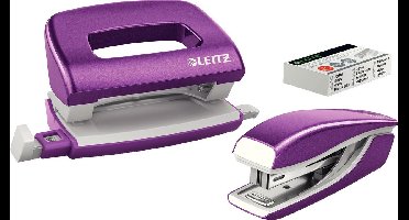 Leitz WOW Metalen Mini Nietmachine en Perforator Set - Inclusief Nietjes - Paars Metallic - Ideaal Voor Thuiskantoor/Thuiswerkplek