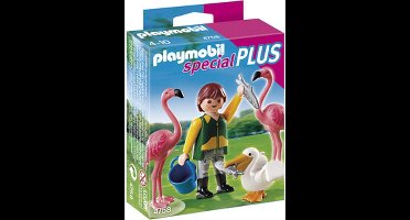 Dierenverzorger met exotische vogel/Gardien de zoo avec flamants roses et pélican