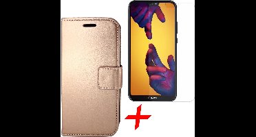 Hoesje geschikt voor Huawei P20 Lite - Kunstlederen Book Case Rose Goud + Screenprotector Gehard Glas - van iCall