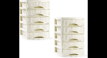 PlasticForte ladeblokje/bureau organizer - 2x - 5 lades - creme wit - L18 x B21 x H28 cm