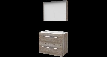 Basic Comfort 46 badmeubelset met spiegelkast, wastafelonderkast met grepen, 2 lades en acryl wastafel zonder kraangaten 80 x 46 cm, scotch oak
