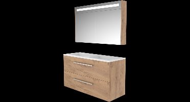 Basic Premium 46 badmeubelset met spiegelkast met geïntegreerde LED verlichting, onderkast met 2 lades, grepen en acryl wastafel zonder kraangaten 120