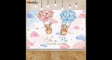 Roze en blauw geslacht onthullen achtergrond zij of hij achtergrond banner geslacht onthullen feestdecoratie mooie ballon wolk beer zwangerschap aankondiging achtergrond voor baby shower decoratie