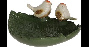 Vogelbad keramiek vogels op blad 7 cm hoog - voedersystemen - vogelbadje - keramiek- polyresin - tuinieren - tuinfiguur - tuindecoratie - tuinaccessoire - geschenk - cadeau - vogelliefhebbers
