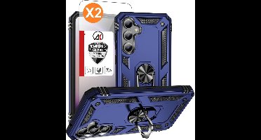 Hoesje Geschikt Voor Samsung Galaxy S23 FE Hoesje Anti-Shock Hybrid Armor hoesje met ring houer Blauw - Met Screenprotector - 2 pack