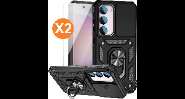 Hoesje Geschikt Voor Samsung Galaxy S23 FE hoesje Zwart met Ring Houder en camera bescherming - Met Screenprotector - 2 stuks