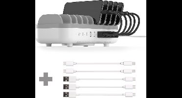 Cazy 120W Smart Charging Docking Station met 10 poorten - USB / USB-C + 3x USB-A naar USB-C Kabel - 20cm + 2x USB-C naar Lightning Kabel - 20cm - Wit