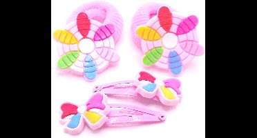 Klik-klak haarspeldjes 2x roze met diverse kleuren strik + Badstof elastiek 2x roze met patroon diverse kleuren