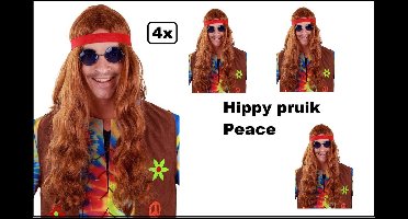 4x Hippie Pruik lang bruin met rode hoofdband - Hippy - Themafeest party 70s and 80s party power flower festival thema