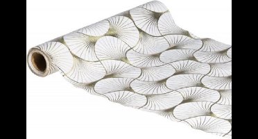 Chaks Tafelloper op rol - ginkgo print - wit/grijs - 28 x 300 cm - polyester
