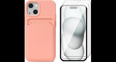 Hoesje Pasjeshouder geschikt voor iPhone 15 - 2x Screenprotector GlassGuard - Siliconen Case Back Cover Roze & Screen Protector