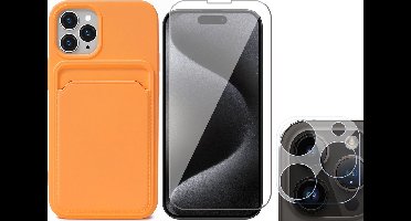 Hoesje Pasjeshouder geschikt voor iPhone 15 Pro Max - Screenprotector GlassGuard + Camera Lens Screen Protector - Siliconen Case Back Cover Oranje