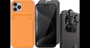 Hoesje Pasjeshouder geschikt voor iPhone 15 Pro Max - Privacy Screenprotector FullGuard + Camera Lens Screen Protector Zwart - Siliconen Case Back Cover Oranje