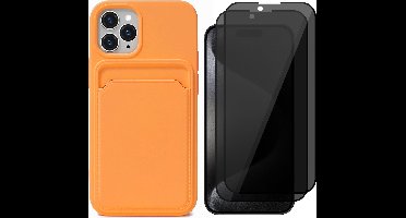 Hoesje Pasjeshouder geschikt voor iPhone 15 Pro Max - 2x Privacy Screenprotector FullGuard - Siliconen Case Back Cover Oranje & Screen Protector