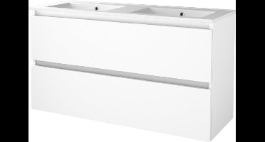 Basic Start 46 badmeubelset met greeploze wastafelonderkast met 4 lades en porseleinen wastafel met 2 kraangaten 120 x 46 cm, ice white