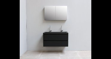 Basic Bella Badkamermeubelset - 100x55x46cm - 1 wasbak - Acryl - Zwart - 2 kraangaten - Spiegelkast zonder verlichting - Melamine Zwart mat