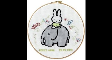 Pako Borduurpakket - Geboorte - telpatroon met codekaart - Nijntje met olifant geboorte , Dick Bruna - 276.048 - voorgesorteerd garen - Aida gedeeltelijk voorbedrukt - 25 cm Rond - DIY kit