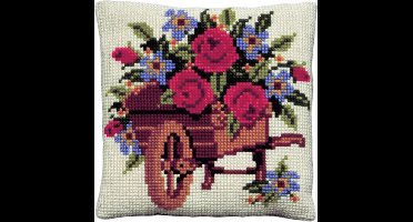 Pako borduurpakket kruissteek kussen - bloemen kruiwagen - geprint stramien - 003.158 - DIY kit