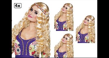 4x Pruik hippie met hoofdband blond