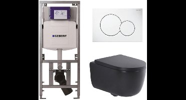 QeramiQ Dely Swirl Toiletset - 36.5x53cm - Geberit UP320 inbouwreservoir - met Burda frame - 35mm zitting - witte sigma bedieningsplaat - ronde knoppen - mat zwart