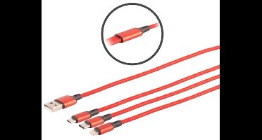 USB 3in1 Ladekabel A Stecker auf USB Micro B + USB Typ C + 8-pin Stecker, rot, 1,2m