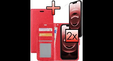 Hoesje - Met 2x Screenprotector - Geschikt voor Apple iPhone 16e / 17e - Luxe Pasjeshouder - Bookcase Portemonee - Flip Case - Kunstleer Book Case - Flipcase Hoes - Book Cover - Walletcase - Portemonneehoes - Rood