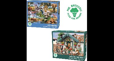 Mr. Broccoli Twin Pack Animals - 2 x Puzzel 1000 Stukjes Volwassenen - Cats on the Roof en Wild Animals - Legpuzzel Dieren - FSC® - 68 x 48 cm