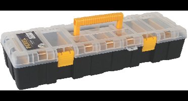 Perel Assortimentsdoos, max. 9 compartimenten, 8 tussenschotten, transparant deksel, stapelbaar, 460 x 160 x 90 mm, zwart/geel