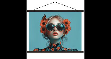 Posterhanger incl. Poster 60x45 cm - Schoolplaat - Vrouw - Blauw - Vlinder - Bloemen - Aesthetic - Textielposter - Zwarte latten