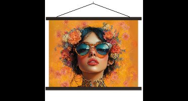 Posterhanger incl. Poster 40x30 cm - Schoolplaat - Vrouw - Bloemen - Aesthetic - Oranje - Textielposter - Zwarte latten