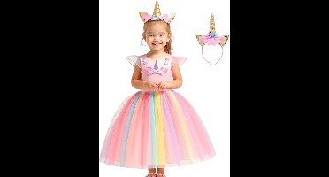 Joya Kids® Roze Eenhoorn Verkleed Jurk | Unicorn Jurk kostuum | Prinsessen jurk verkleedjurk + Haarband | Maat 122-128 (130) | Cadeau meisje