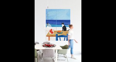 IXXI Cat at Lunch, Henry Rivers - 100 x 140 cm - Gratis ophangtool - Grote wanddecoratie en posters - Illustraties, Kleurrijk, Minimalistisch, Speels