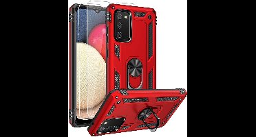 Hoesje Geschikt Voor Samsung Galaxy A02s Hoesje kickstand Armor met Ring houder TPU backcover hoesje - Rood met Galaxy A02S screenprotector 2 pack
