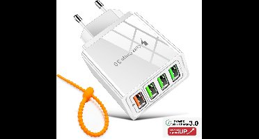 Colorful Sun® USB snel lader - Quick Charger 3.0 - Gratis kabel-organizer - 1 stuk - USB stekker - USB Lader - Oplader voor Smartphones en Tablets - Thuislader - Universele Adapter met 4 usb poorten - telefoonstekker