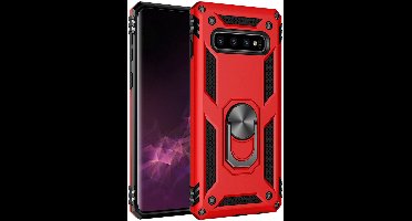Hoesje Geschikt Voor Samsung Galaxy S10+ Armor Hoesje Ringhouder TPU - Rood