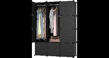 Lowander 3x4 vakkenkast 'Napoli' zwart 148x111 cm - kunststof kledingkast met hangruimte / roomdivider afsluitbaar