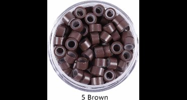 200 microringen met silicone,  kleur # 5 Bruin, voor het inzetten van hairextensions. Diameter 5 mm.