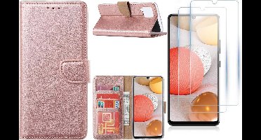 Hoesje Geschikt Voor Samsung Galaxy A42 5G hoesje bookcase Rose Goud - Galaxy A42 wallet case portemonnee - A42 book case hoes cover - 2X screenprotector / tempered glass