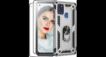 Telefoonhoesje Geschikt voor: Samsung Galaxy A21S hoesje Schokbestendige ring armor met 2X volledige schermdekking Screenprotector zilver